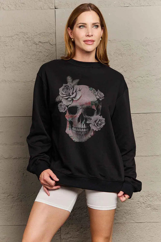 Bold & Cozy: Simply Love Full Size SKULL Graphic Sweatshirt-Evelyn's-Fashion