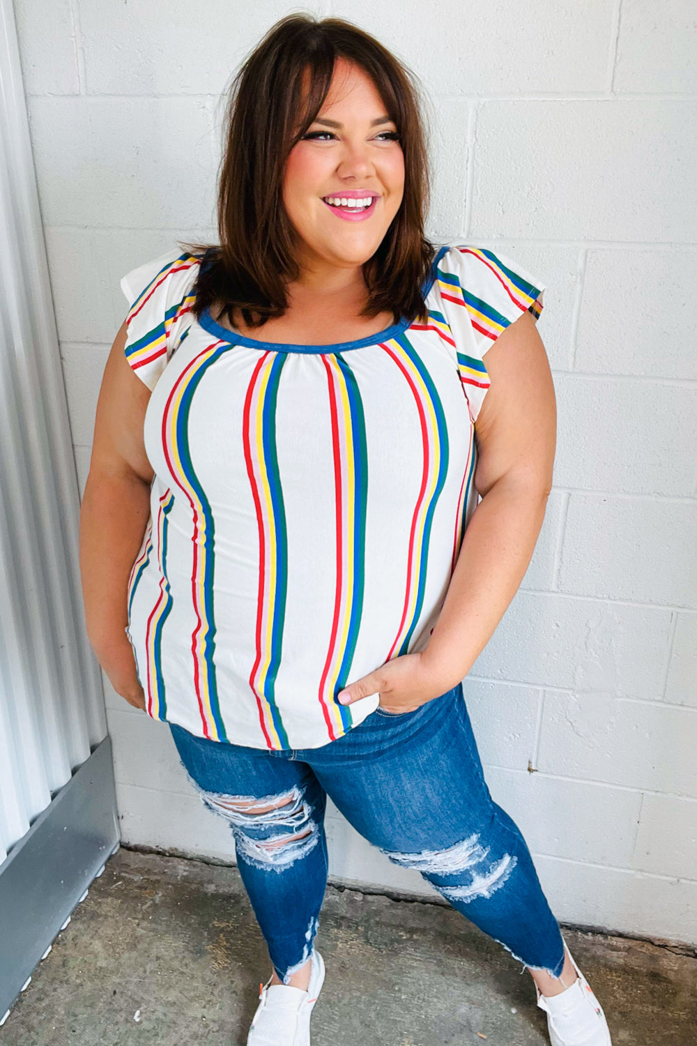 Multicolor Striped Raglan Flutter Sleeve Top