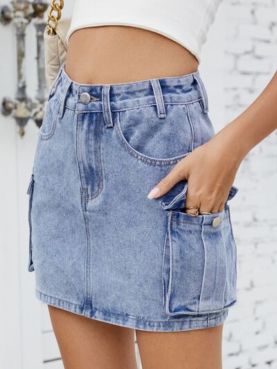 Cargo Denim Skirt – High-Waisted, Utility-Style Jean Skirt with Pockets-Evelyns Fashion