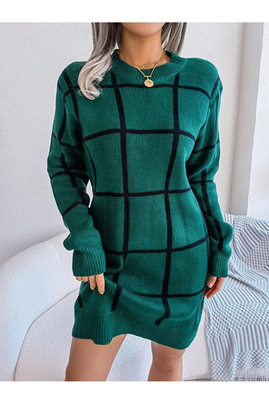 Casual Chic: Cozy Plaid Sweater Dress for Everyday Style-Evelyns Fashion