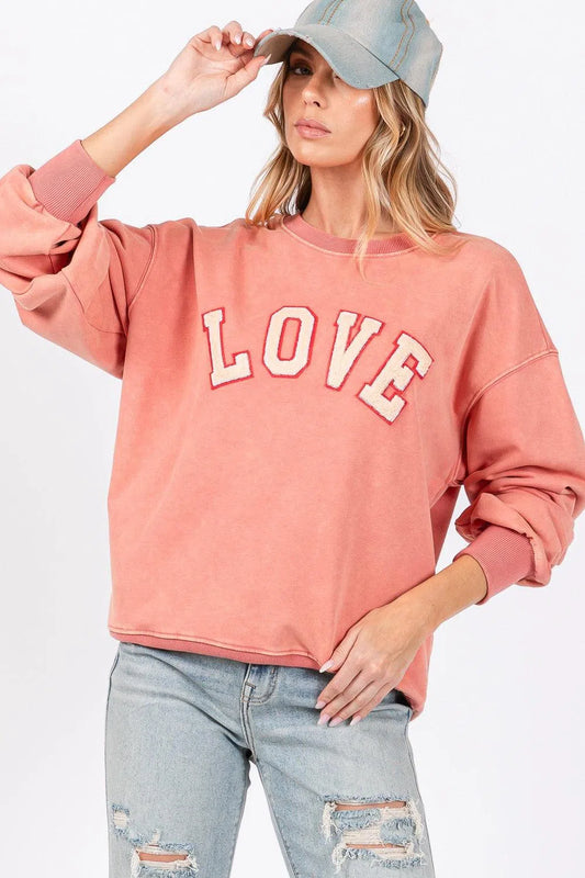 Chic Comfort: LOVE Path Applique Drop Shoulder Sweatshirt-Evelyns Fashion