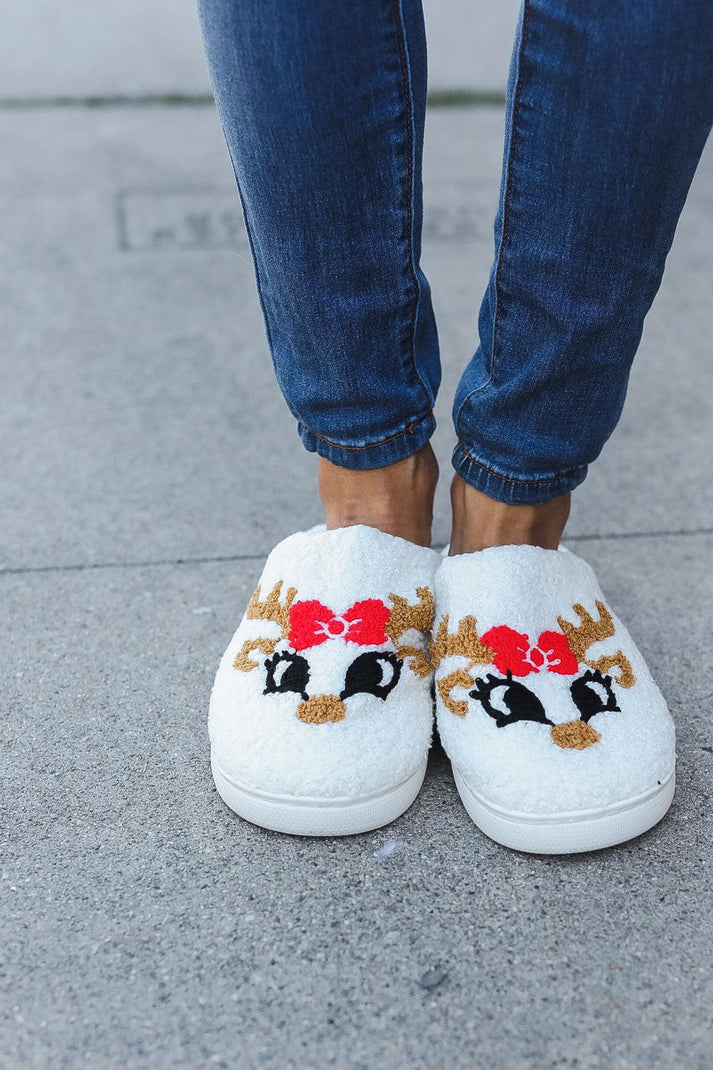 Christmas Reindeer Print Fleece Slippers-Evelyns Fashion