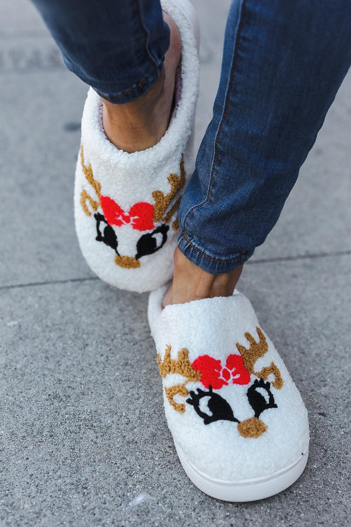 Christmas Reindeer Print Fleece Slippers-Evelyns Fashion