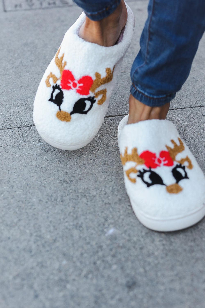 Christmas Reindeer Print Fleece Slippers-Evelyns Fashion