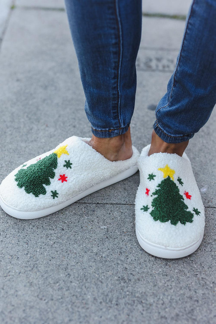 Christmas Tree Print Fleece Slippers-Evelyn's-Fashion