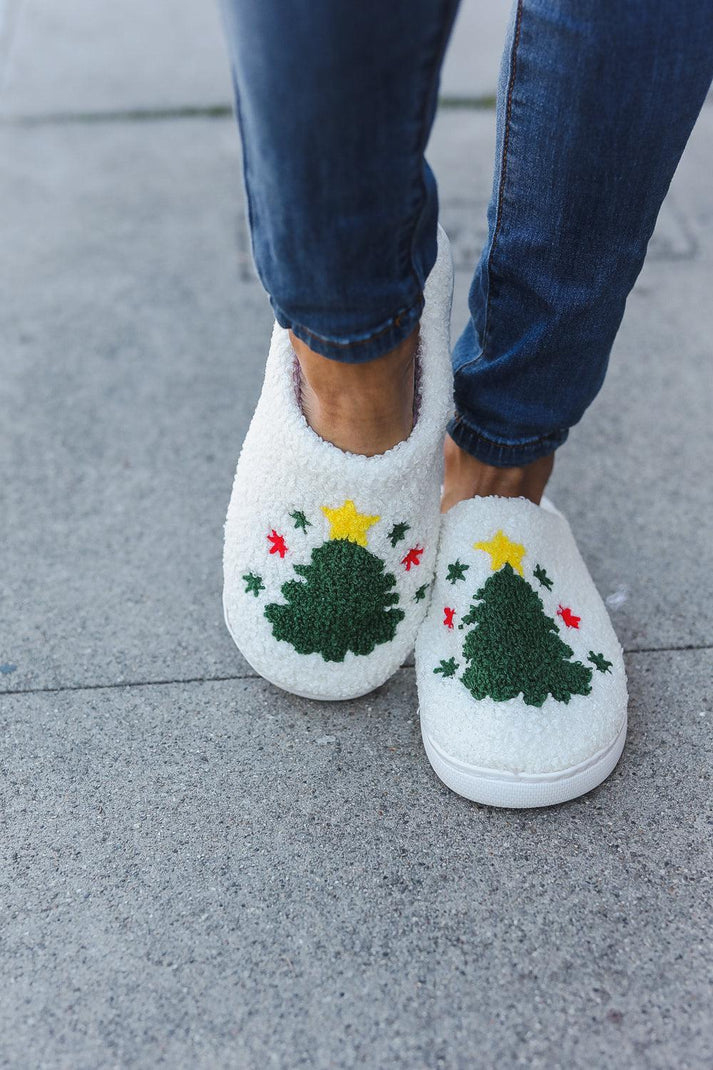 Christmas Tree Print Fleece Slippers-Evelyn's-Fashion