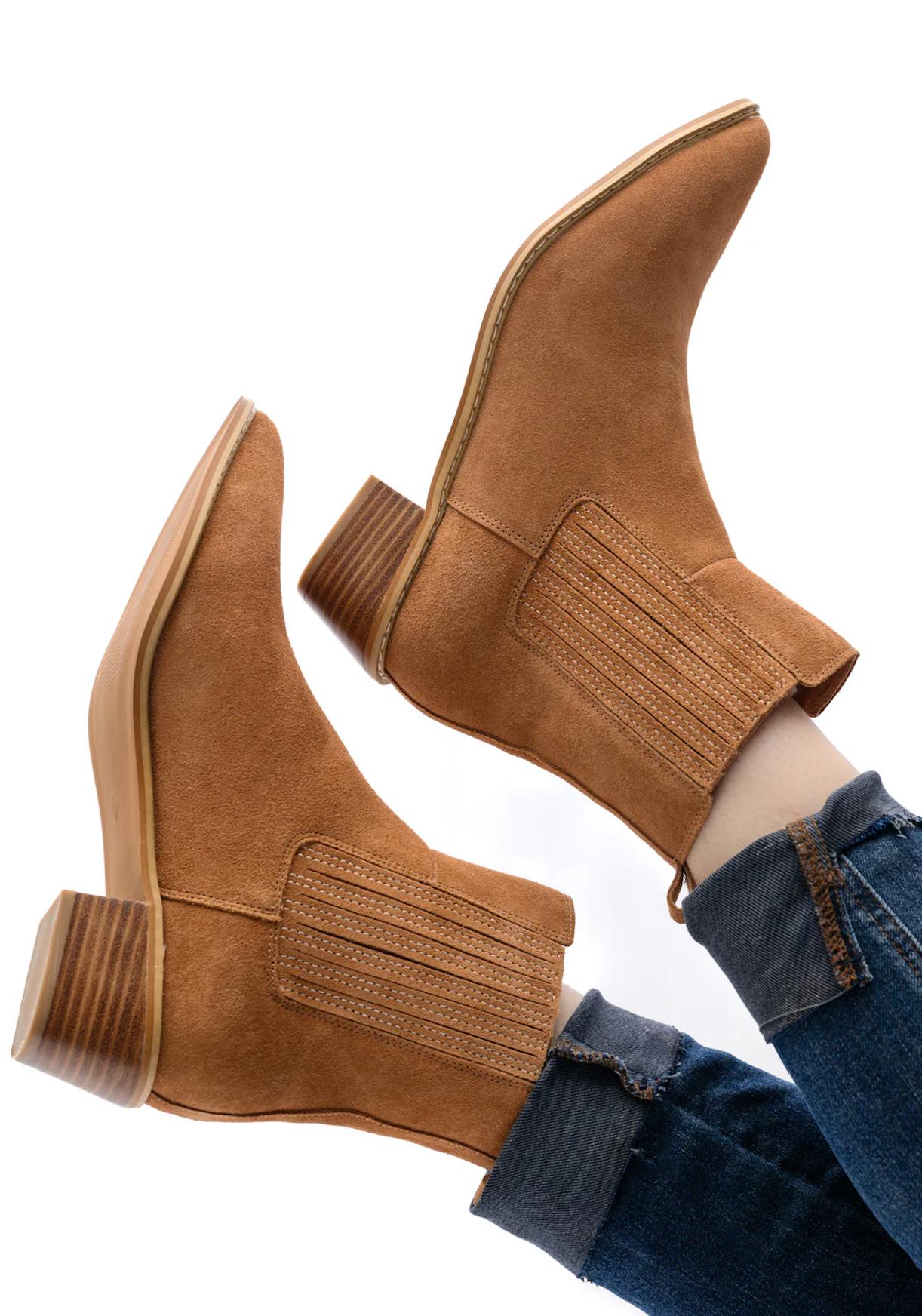 Classic & Chic: Leonor Suede Ankle Boot in Tan-Evelyns Fashion