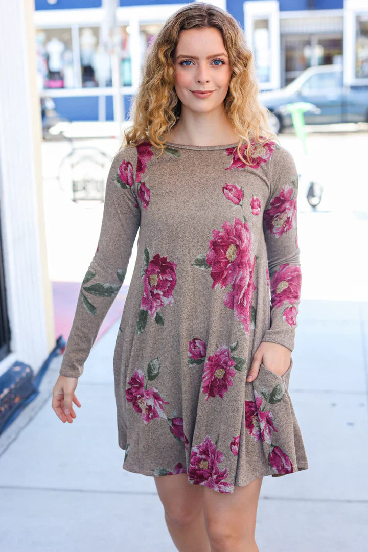 True Love Taupe & French Rose Floral Print Long Sleeve Dress