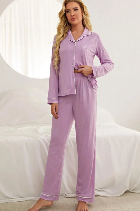 Contrast Piping Button Down Top and Pants Loungewear Set-Evelyns Fashion