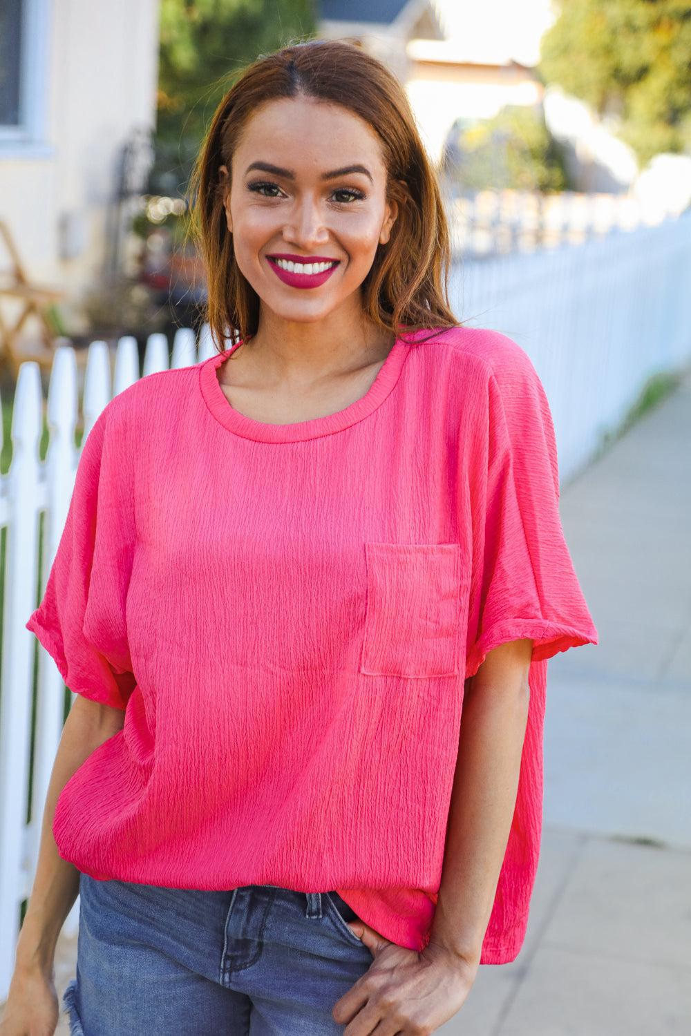 Coral Crinkle Texture Pocketed Dolman Top-Evelyn's-Fashion