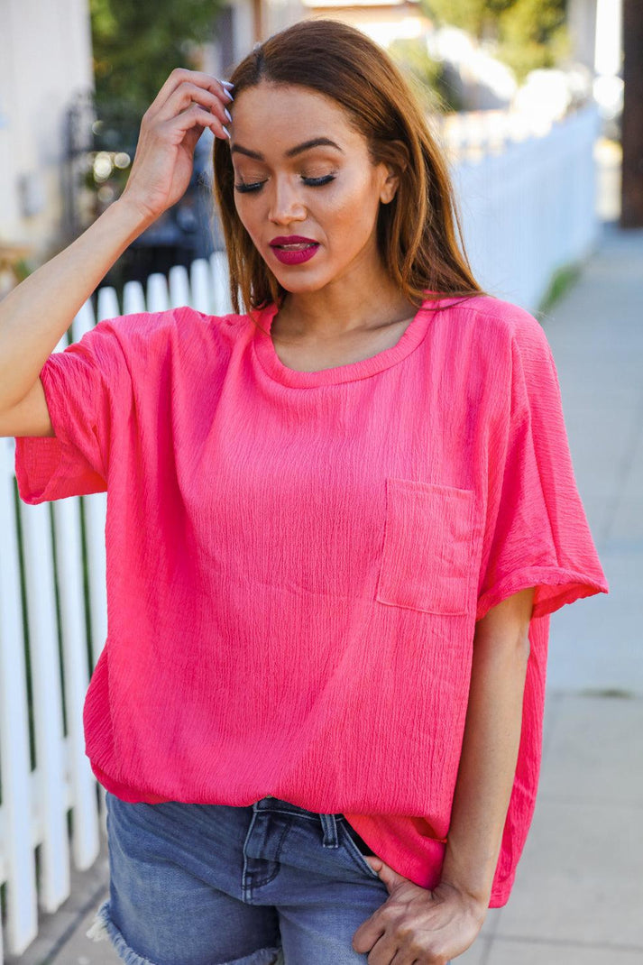 Coral Crinkle Texture Pocketed Dolman Top-Evelyn's-Fashion