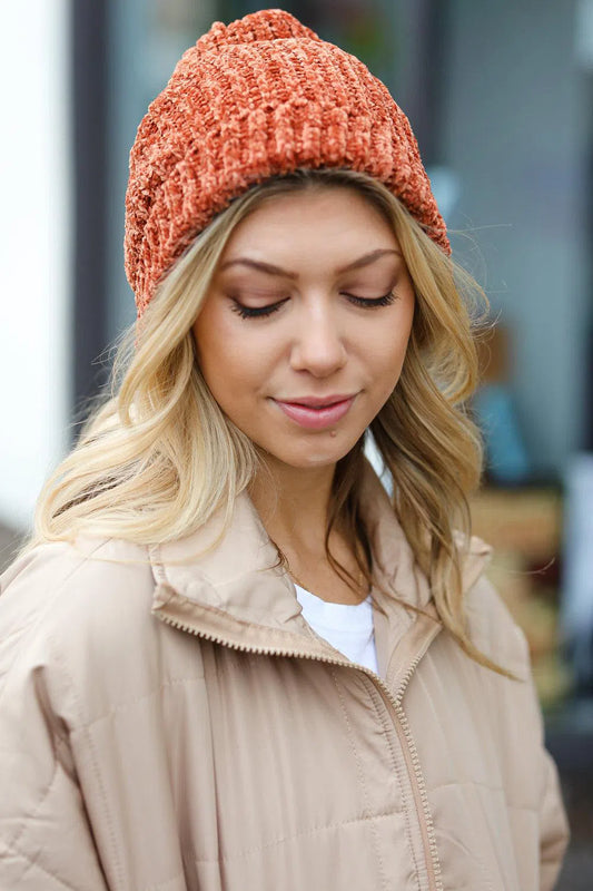 Cozy Elegance: Rust Knit Velvet Chenille Fold Over Beanie-Evelyns Fashion