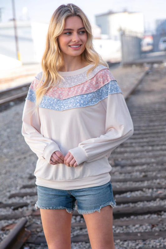 Cozy & Modern: Taupe & Sky Blue Thermal Knit Pullover-Evelyns Fashion