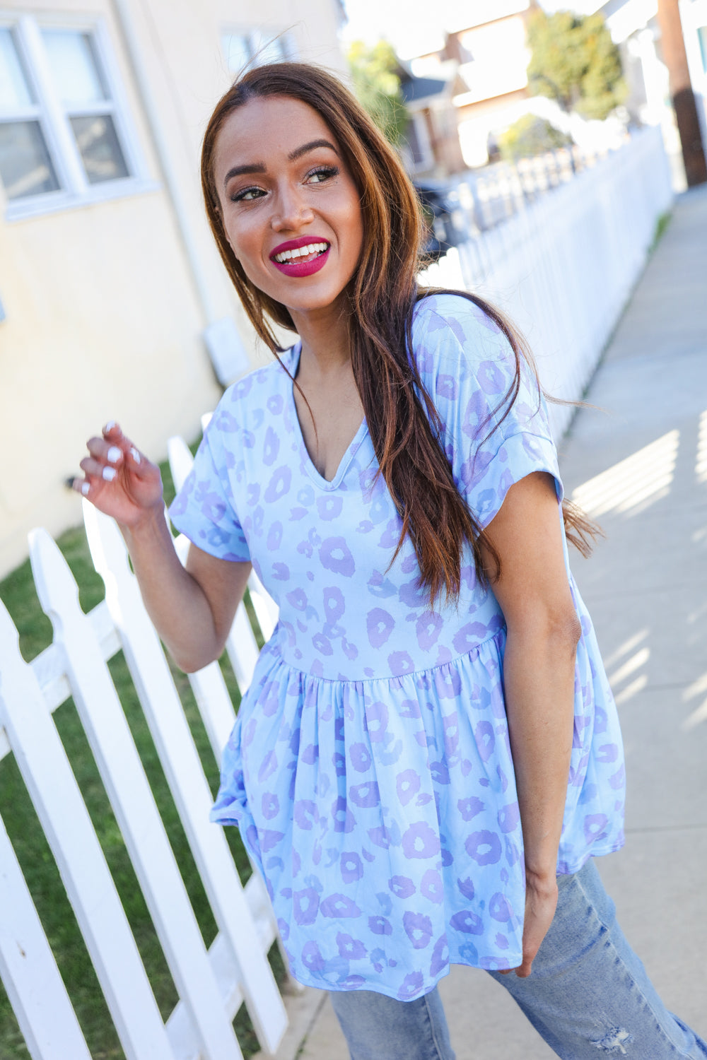 Dazzle in Blue/Lilic Animal Print Dolman Babydoll Top-Evelyns Fashion