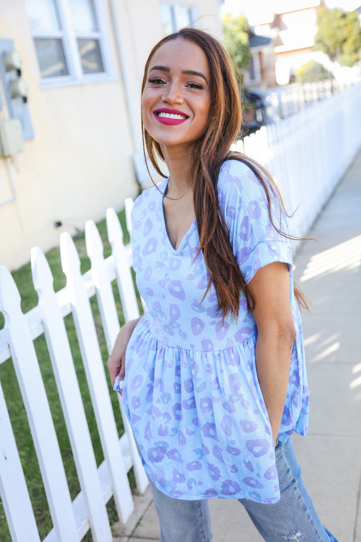 Dazzle in Blue/Lilic Animal Print Dolman Babydoll Top-Evelyns Fashion