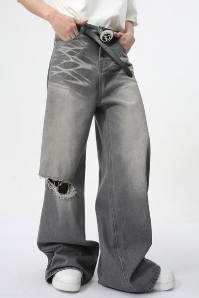 Distressed Wide-Leg Jeans with Pockets-Evelyns Fashion