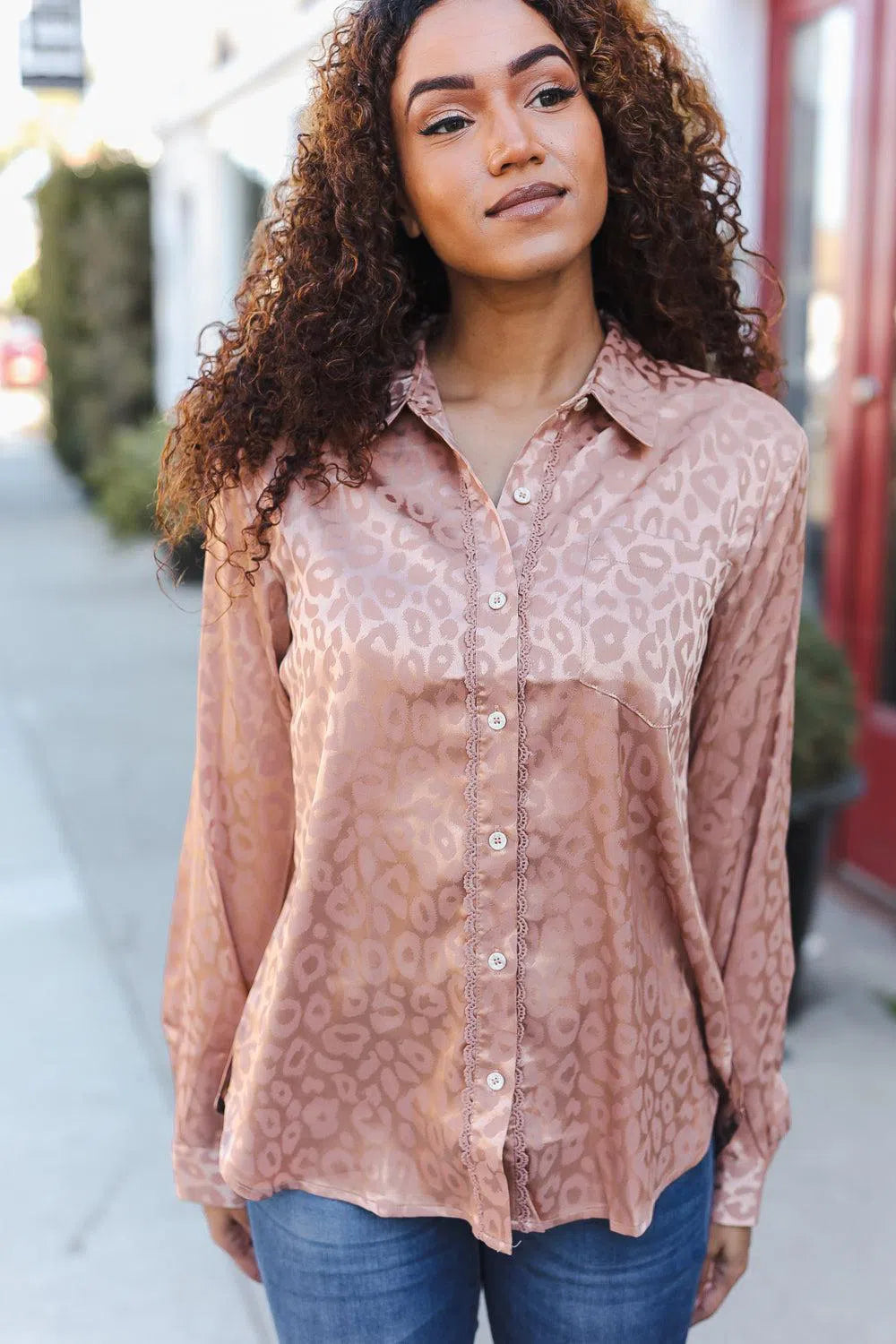 Diva Dreams Neude Animal Print Button Down Lace Shirt Top-Evelyn's-Fashion