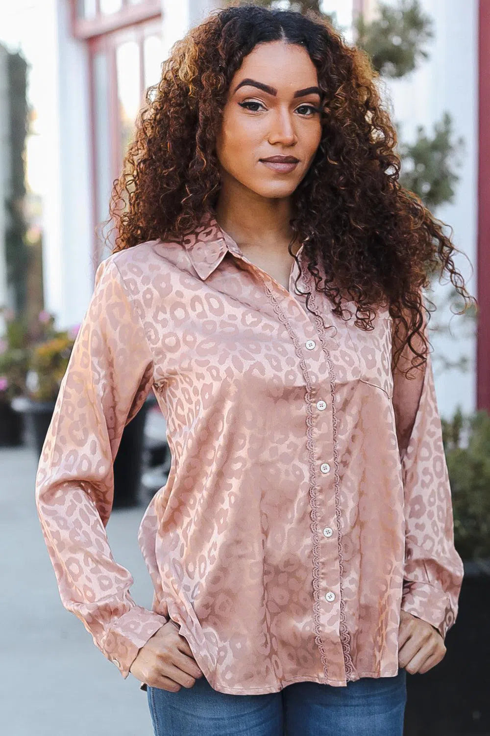 Diva Dreams Neude Animal Print Button Down Lace Shirt Top-Evelyn's-Fashion