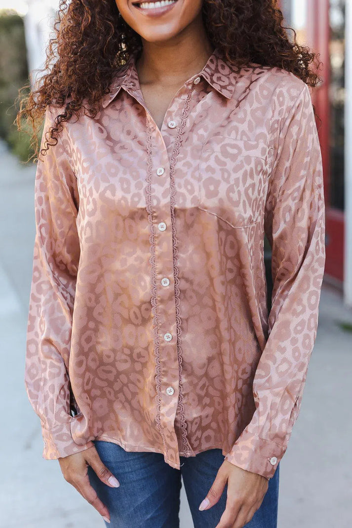 Diva Dreams Neude Animal Print Button Down Lace Shirt Top-Evelyn's-Fashion