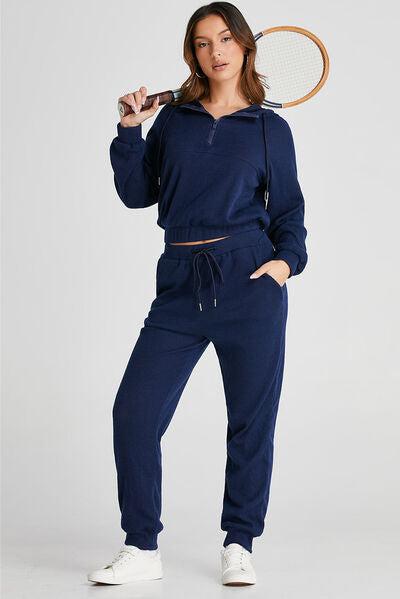 Drawstring Half Zip Women's Hoodie and Joggers Active Set-Evelyns Fashion