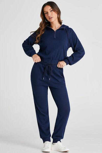 Drawstring Half Zip Women's Hoodie and Joggers Active Set-Evelyns Fashion