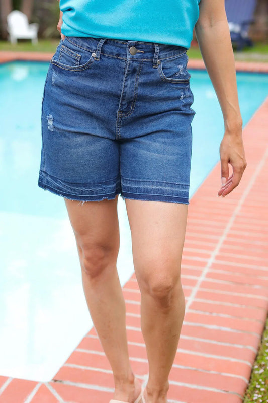 Edgy & Chic: Indigo Blue Distressed Shorts for Every Occasion-Evelyns Fashion