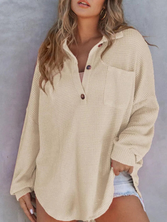 Effortless Comfort: Waffle-Knit Dropped Shoulder Sweatshirt-Evelyns Fashion