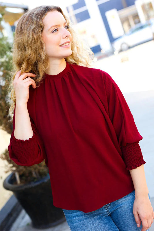 Effortless Elegance: Bold Dreams Wine Smocked Tie Back Top-Evelyns Fashion