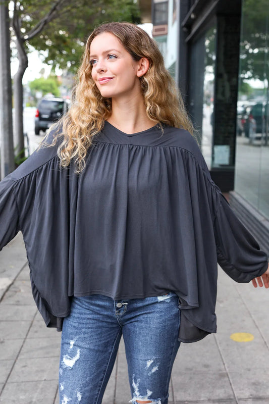 Effortless Elegance: Casual Chic Charcoal V Neck Modal Knit Top-Evelyns Fashion