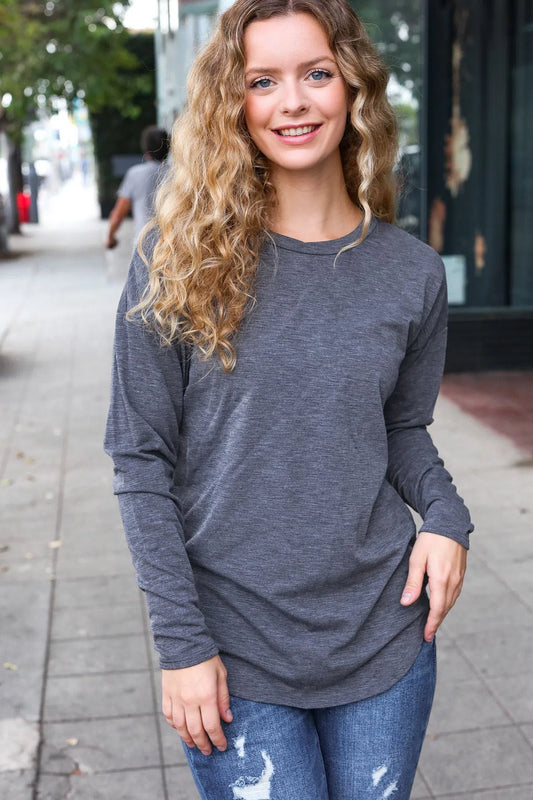 Effortless Style: Fitted Long Sleeve Terry Pullover-Evelyns Fashion