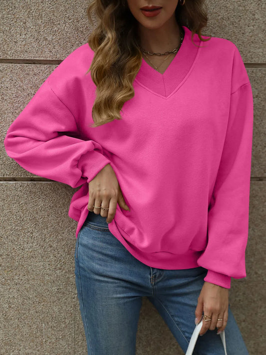 Effortless Style: V-Neck Long Sleeve Dropped Shoulder Sweatshirt-Evelyns Fashion