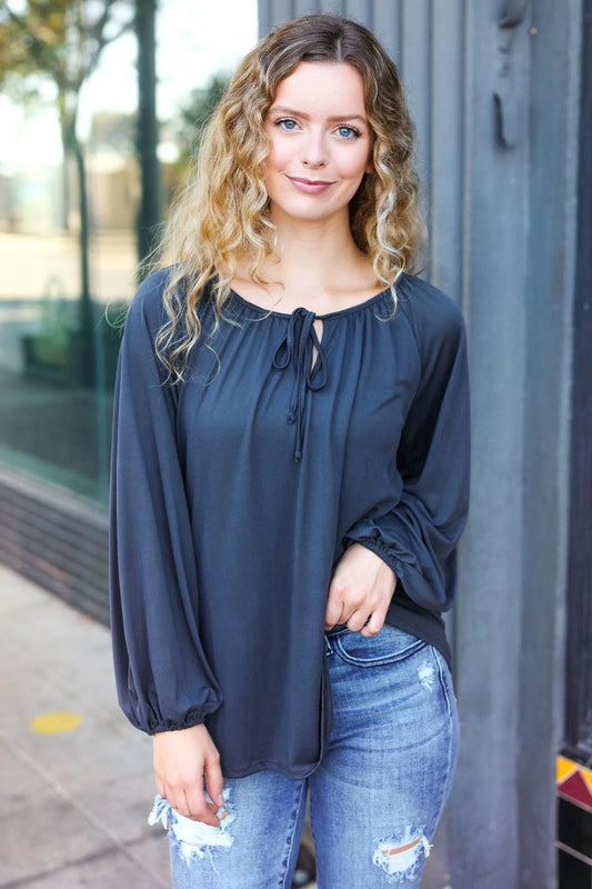 Effortless Style: Versatile Charcoal Front Tie Peasant Top-Evelyns Fashion