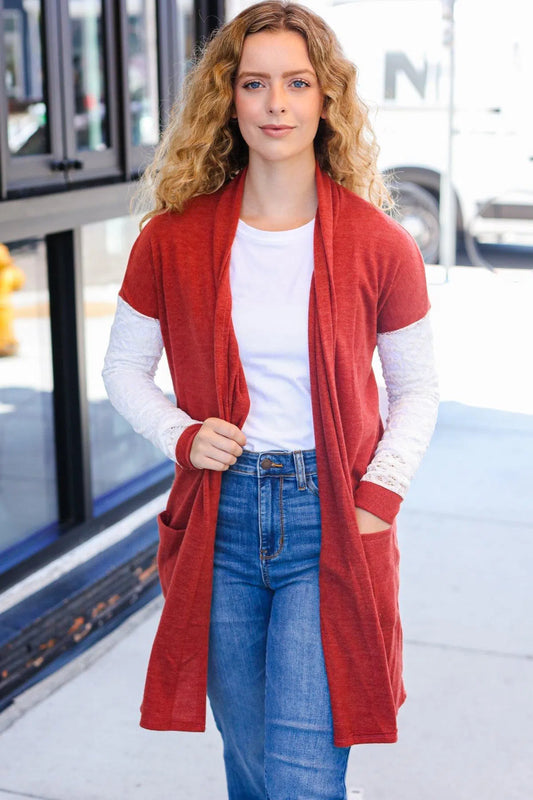 Elegant Comfort: Rust Lace Sleeve Cardigan for Any Occasion-Evelyns Fashion