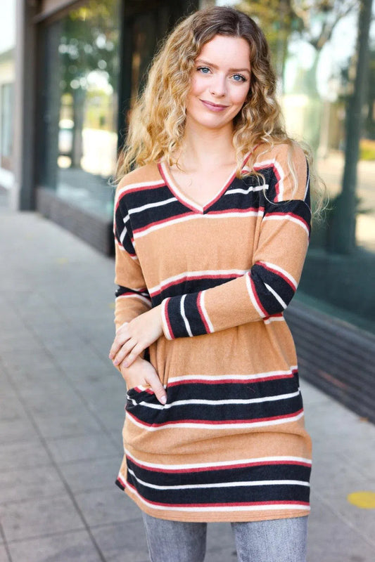 Everyday Comfort: Casual Chic Taupe Hacci Stripe Tunic-Evelyns Fashion