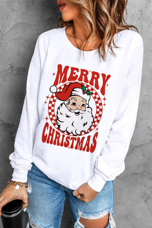 Festive Cheer: Santa Graphic Round Neck Long Sleeve Sweatshirt-Evelyn's-Fashion