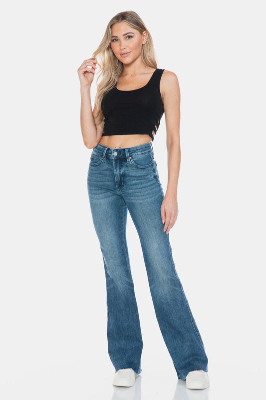 Flatter Your Silhouette: Tummy Control Cut Hem Flare Jeans-Evelyns Fashion