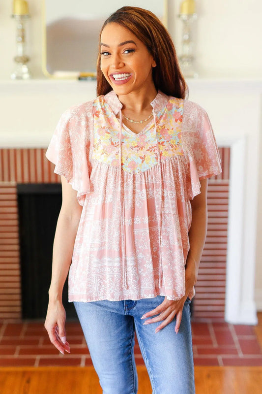 Floral Yoke Tie Neck Top-Evelyns Fashion