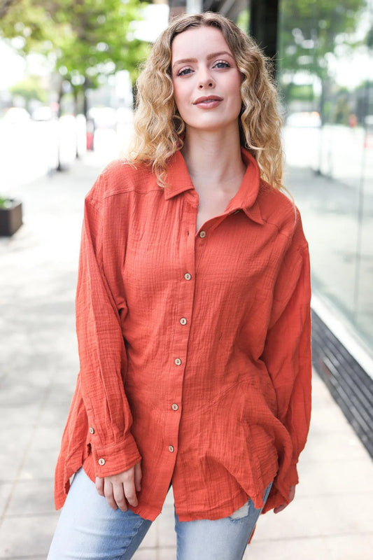 Flowy & Timeless: Everyday Rust Button Down Sharkbite Tunic-Evelyns Fashion