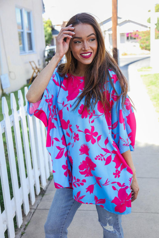 Follow Me Fuchsia Floral Asymmetrical Coverup Blouse-Evelyns Fashion