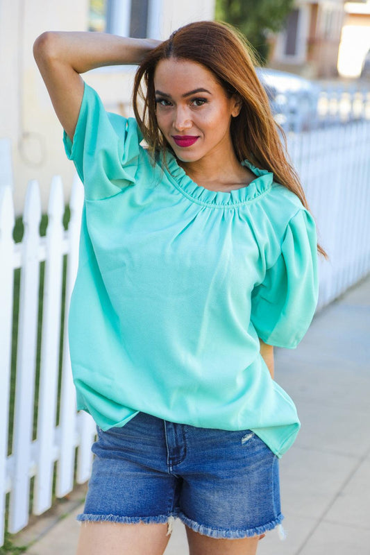 Follow Me Mint Frill Mock Neck Woven Top-Evelyns Fashion