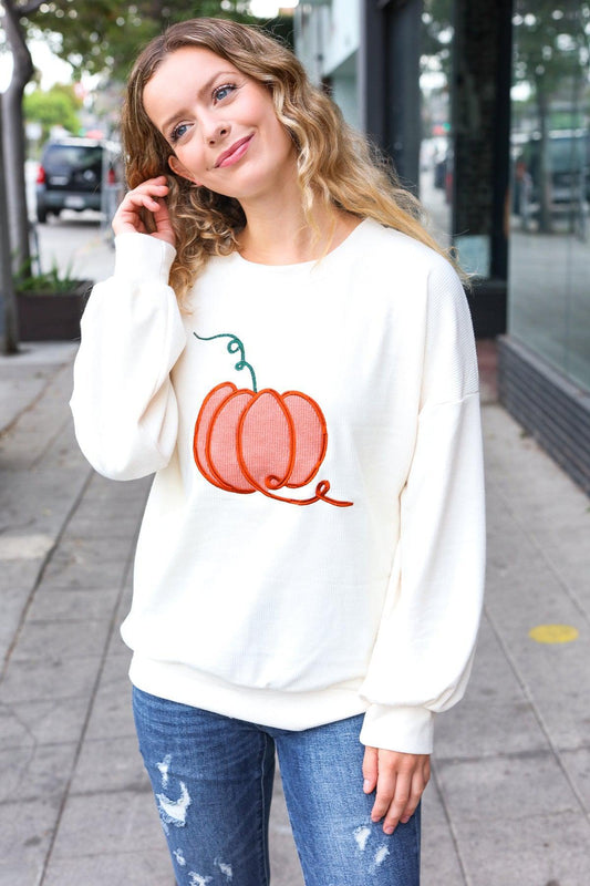 Halloween Lovely Ivory Embroidered Pumpkin Knit Sweater-Evelyn's-Fashion