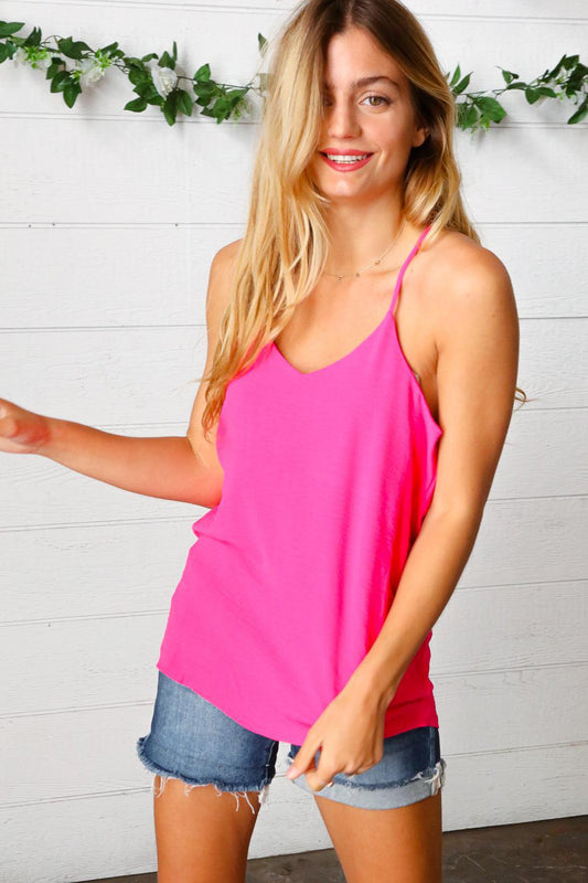 Hot Pink Adjustable Strap V-Neck Lined Cami | Chic & Versatile Essential-Evelyn's-Fashion