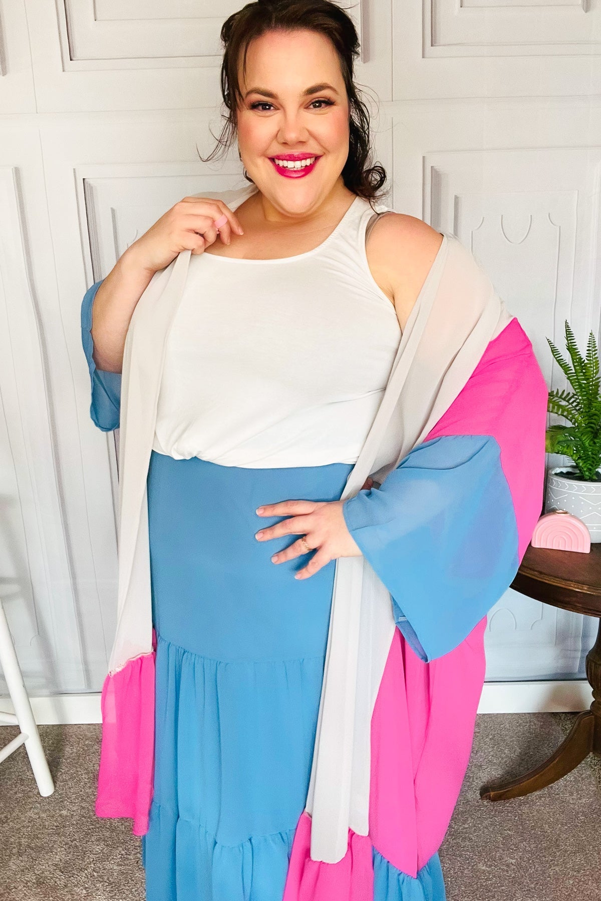 Feel Your Best Taupe & Fuchsia Color Block Ruffle Hem Kimono