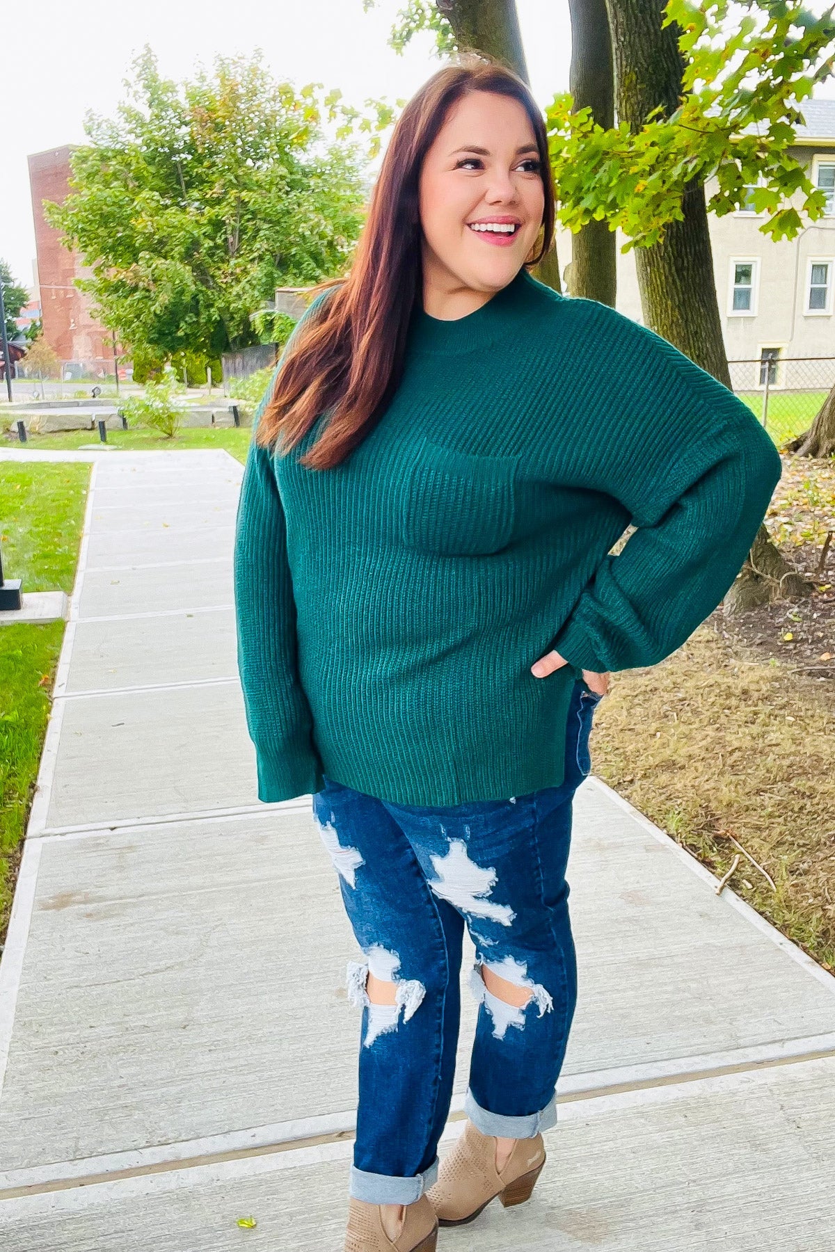 Classy Chic Hunter Green Mock Neck Chest Pocket Knit Sweater