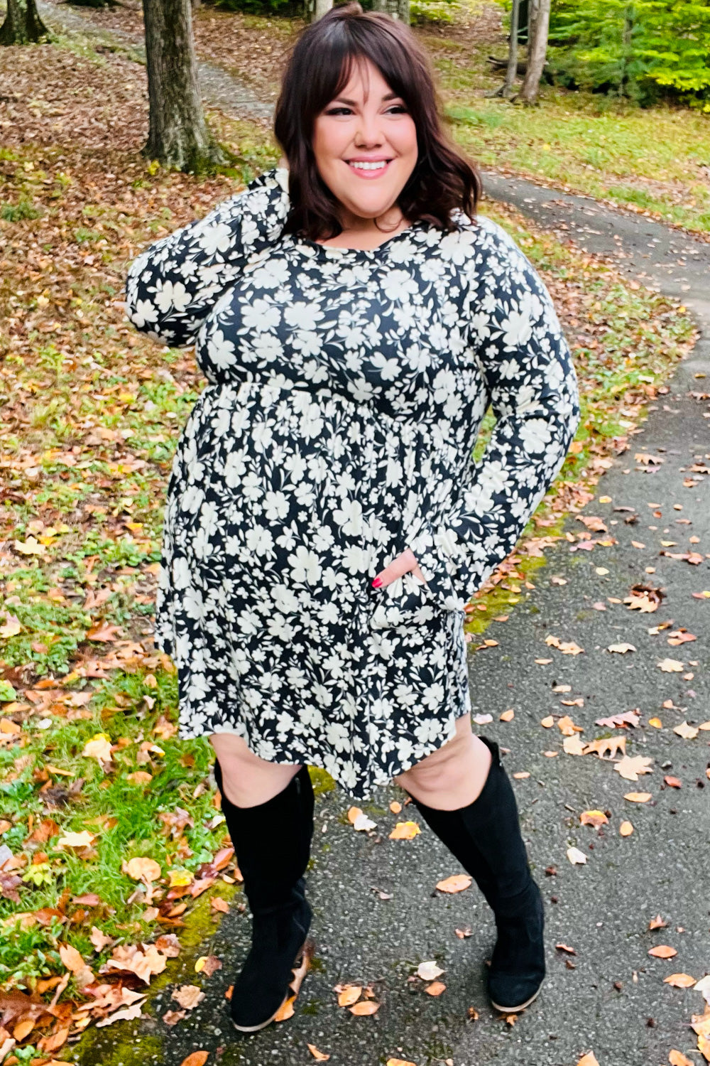 Charcoal Blue Floral Long Sleeve Babydoll Dress