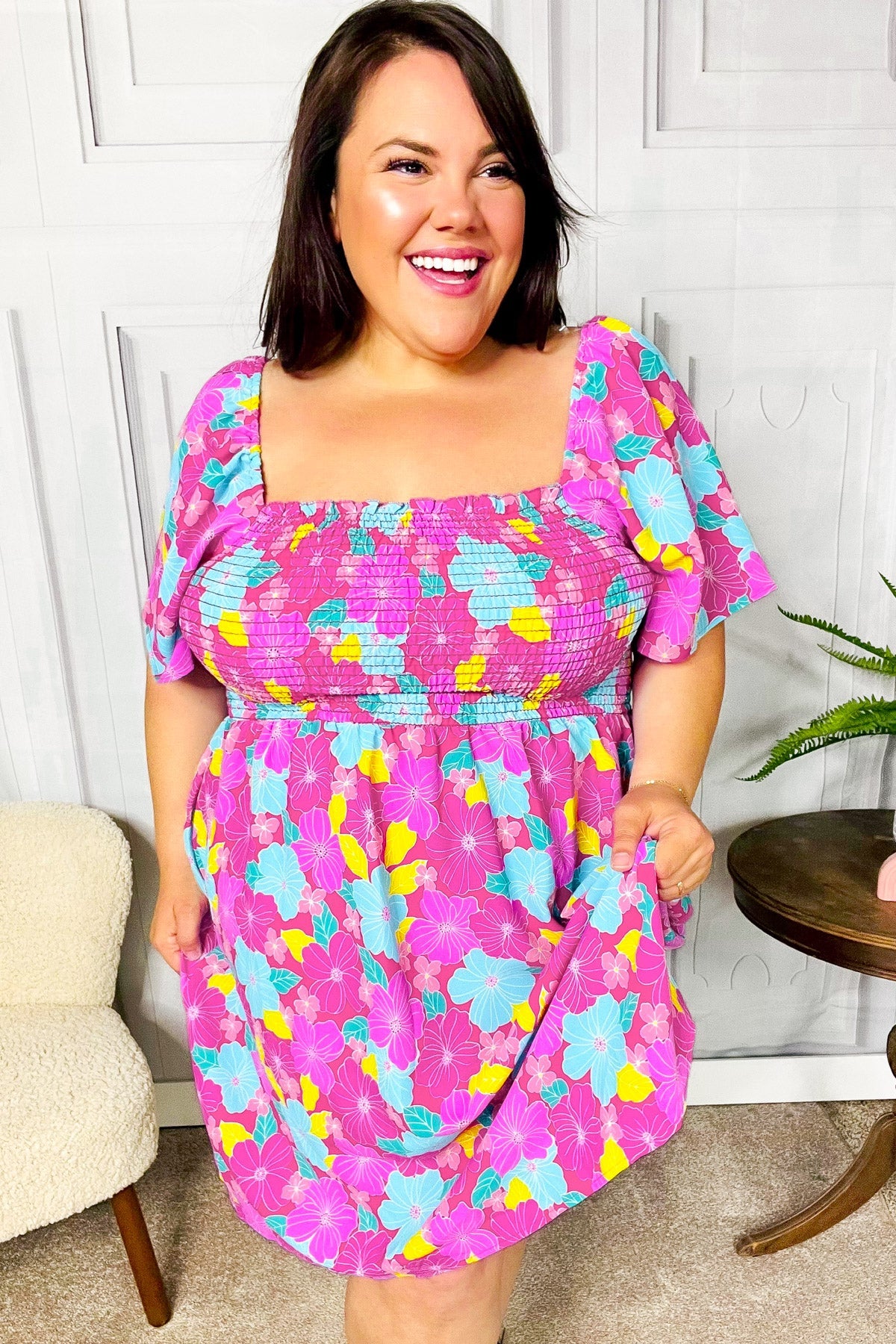 Vacay Vibes Fuchsia Floral Print Fit & Flare Smocked Dress