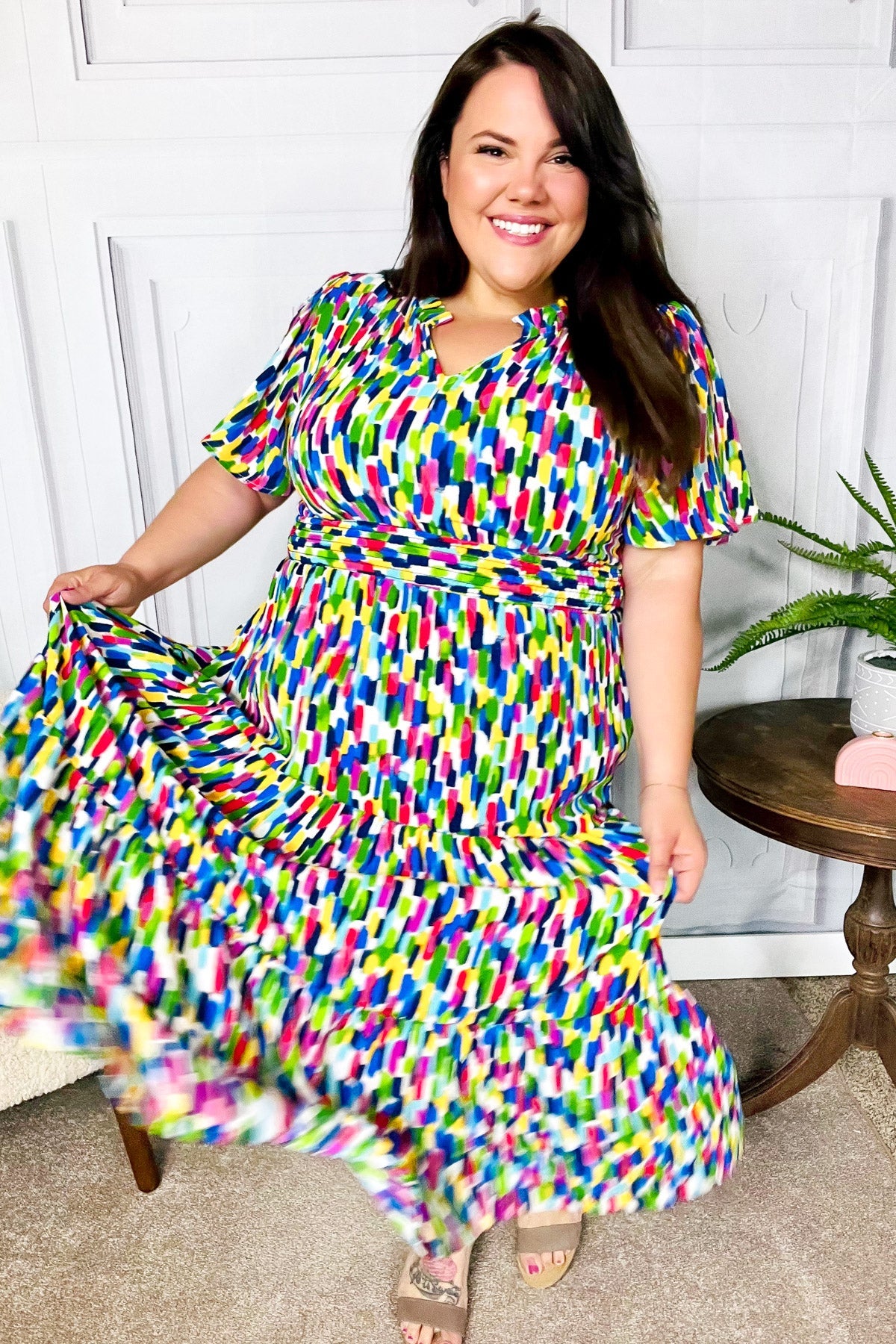 All For You Navy Multicolor Abstract Print Smocked Waist Maxi Dress