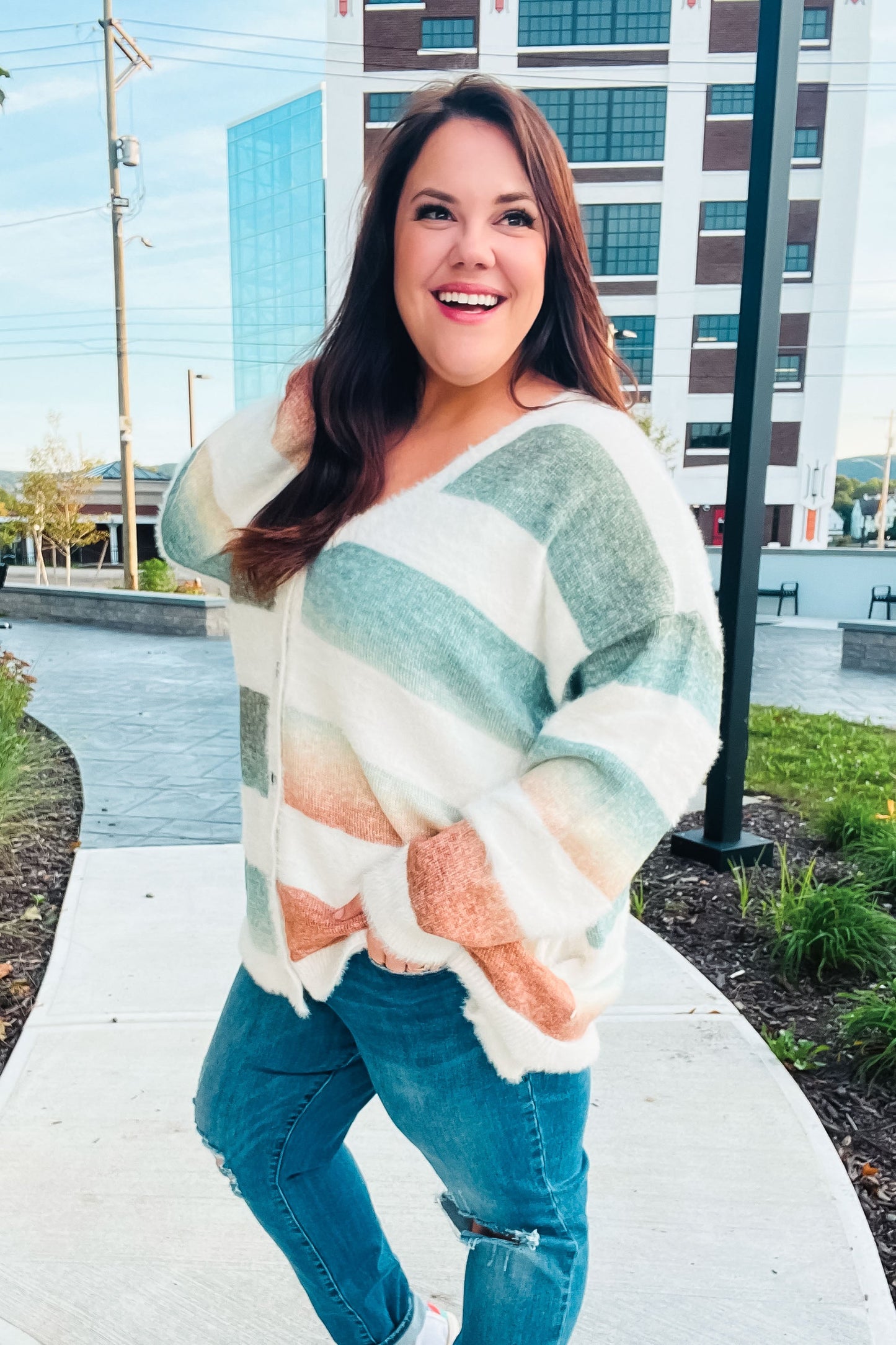 Ivory Striped Button Down Fuzzy Knit Cardigan