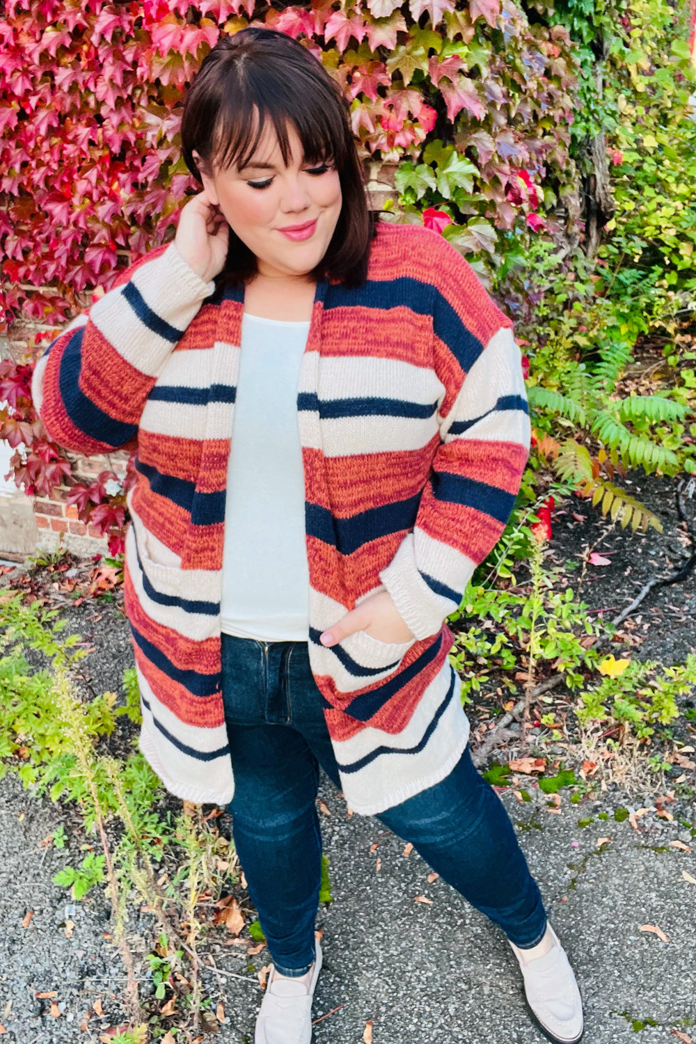 Put Together Rust & Navy Striped Pocketed Cardigan