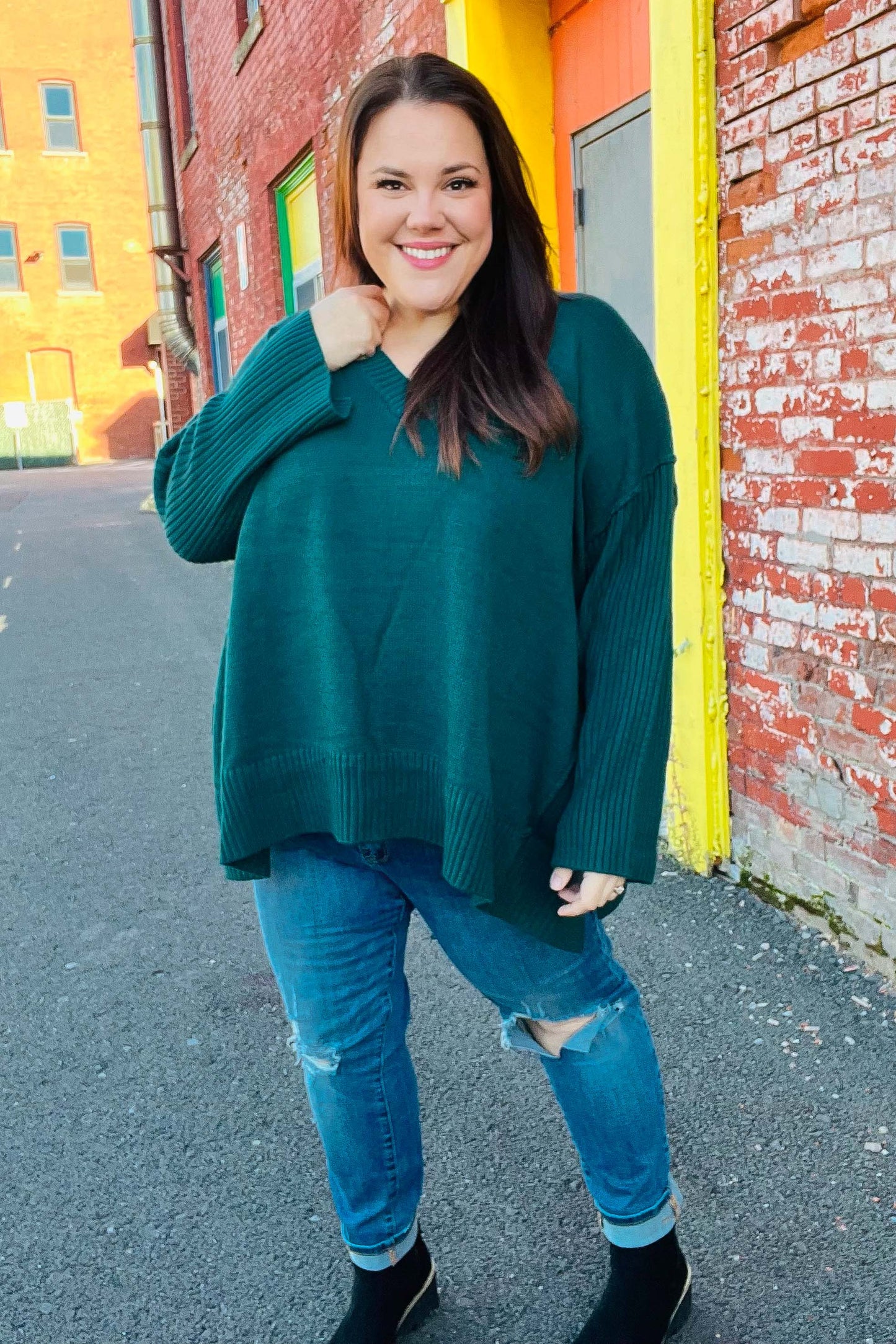 Casual Chic Hunter Green Oversized V Neck Rib Knit Sweater